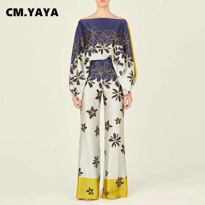 CM.YAYA Women Set Full Batwing Sleeve Slash Neck print Top + Wide Leg Pants Summer Street Two 2 Piece Sets Sexy Outfit Tracksuit