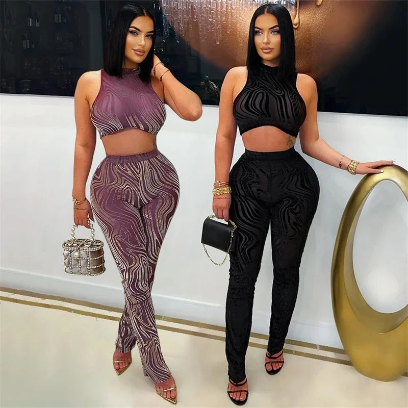 Mesh See Through Sexy Club Outfits for Woman 2 Piece Set Night Party Sleeveless Vest Crop Top and Leggings New in Matching Sets