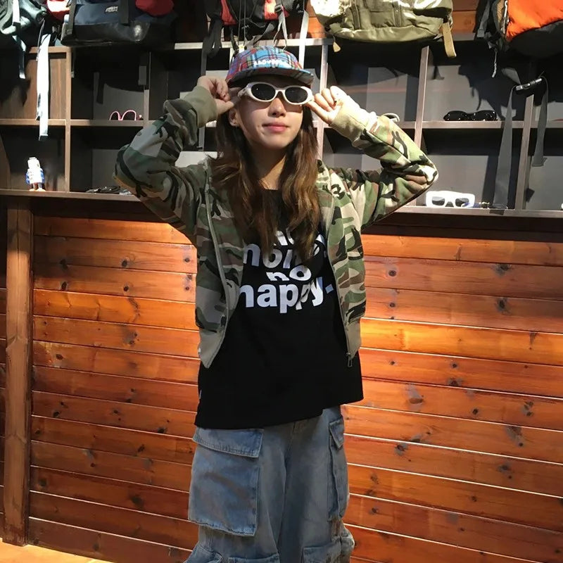 Karrram Japanese Y2k Cropped Jacket Vintage Harajuku Short Coat 2000s Korean Fashion Camouflage Zipper Hooded Sweatshirt Grunge