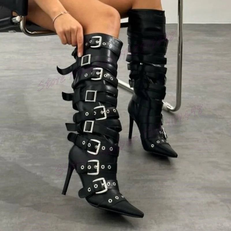 Black Strappy Buckle Knee High Boots Cool Pointed Toe Shoes for Women Stiletto High Heels Sexy Shoes 2025 Zapatos Para Mujere