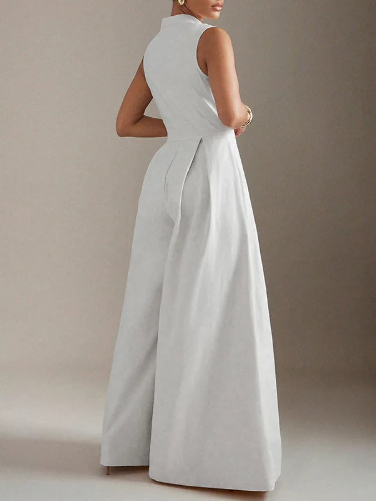 Beautyblue Female Jumpsuit V-neck Wide-leg Overalls Fashion Sleeveless Zipper Brown Formal Clothes Women's One-piece Jumpsuits