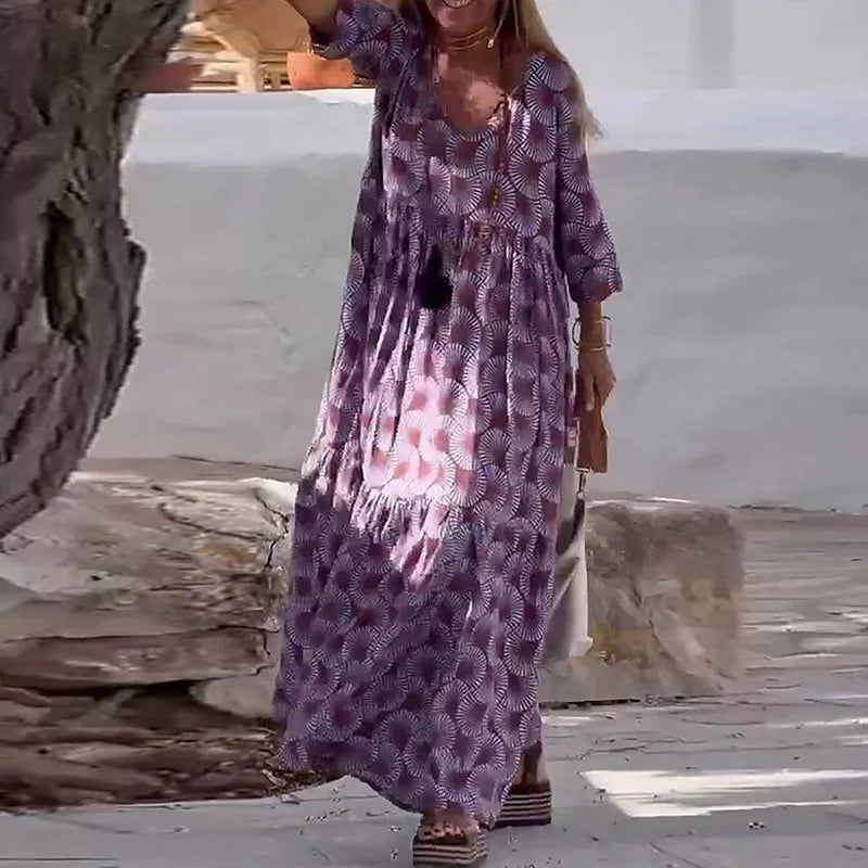 Office Women Seven Sleeve Casual 2025 Dress New Fashion High Waist Holiday Dresses 2025 Spring Summer V-neck Loose Robe Dress