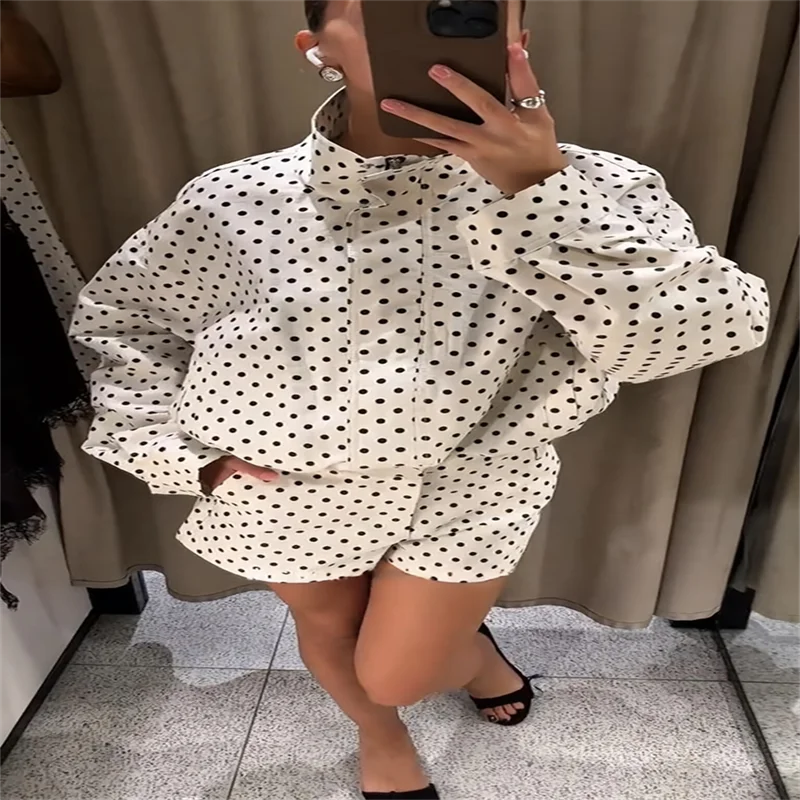 Loose Polka Dot Zipper Women's Shorts Set Stand Collar Patchwork Full Sleeve Pockets Jacket Tie Up Short Pant Suit Summer Outfit