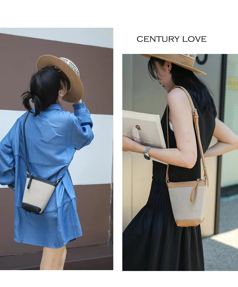 2024 Genuine leather Canvas Crossbody Women's Bag Bucket Bag Autumn Winter Ladies Designer Luxury Brand Lightweight Small Bag