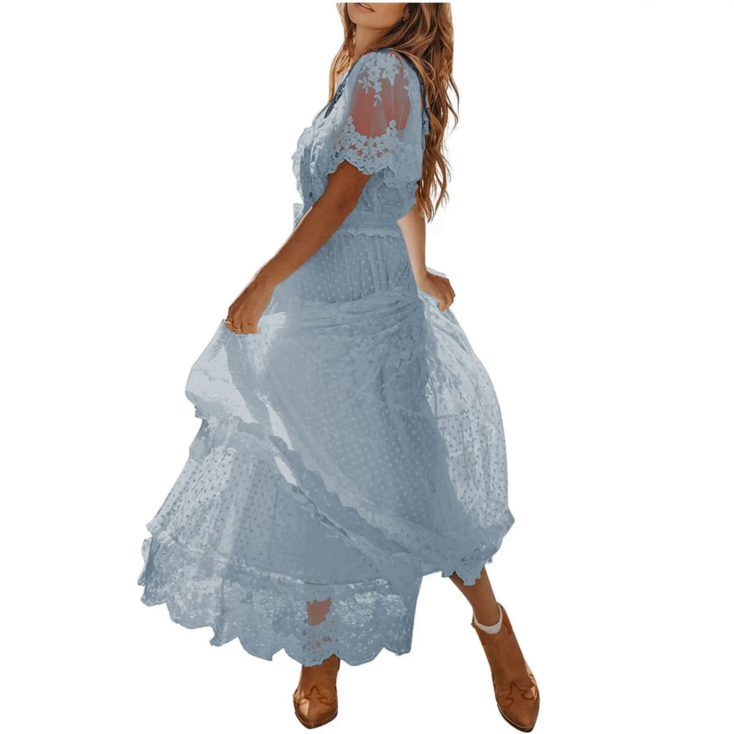 Summer Women V-Neck Embroidery Slim-Fit Short Sleeve Long Dress Beach Bohemian Wedding White Lace Dress