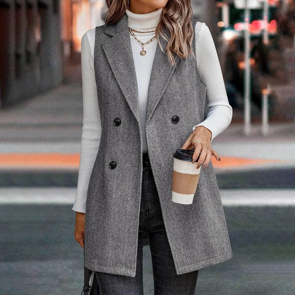 Women's Elegant Turn Down Collor Sleeveless Buttons Vest Blazer Coats Mid-Jackets Winter Ladies Office Work Outwear Outcoat S-XL