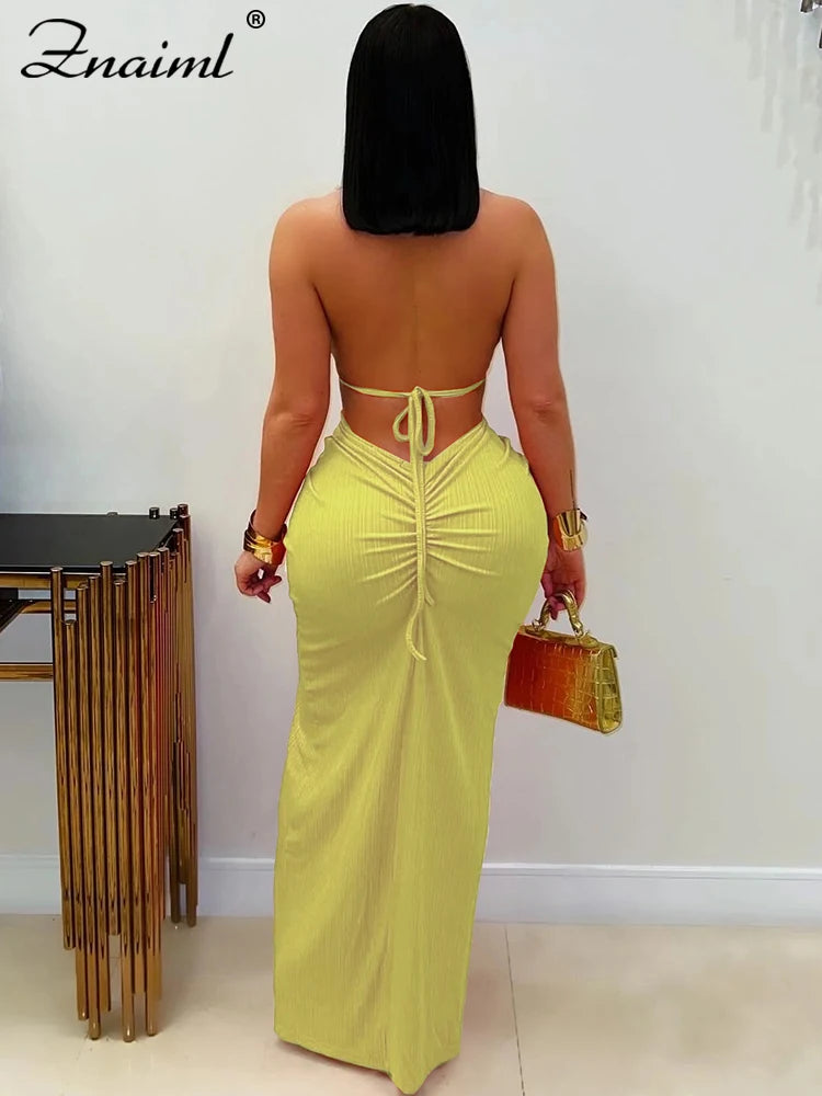 Znaiml Women's Elegant Evening Halter Hollow Backless Slit Bodycon Maxi Dresses Sexy Beach Holiday Party Club Birthday Vestidos