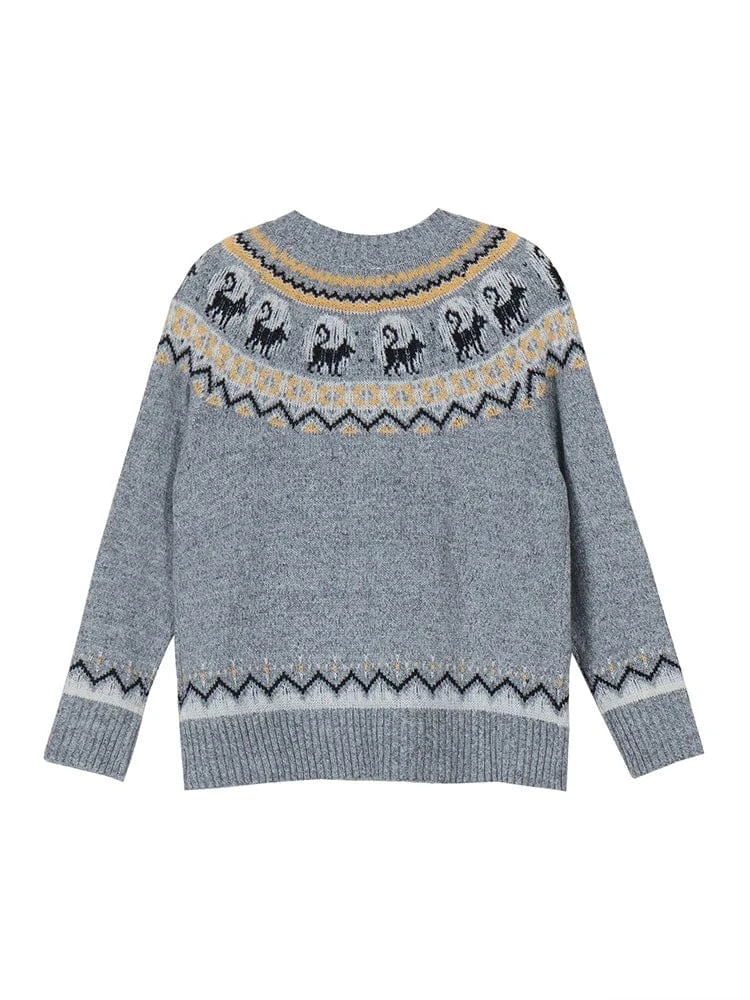 Plus Size Women's Retro Pattern Long Sleeve Sweater Round Neck Pullover Grey Best Choice for Autumn and Winter