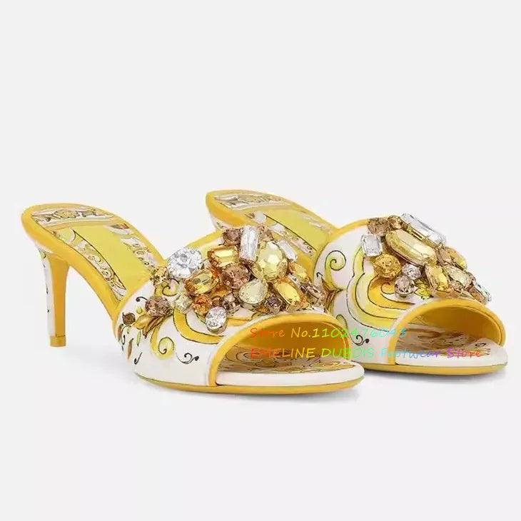 Flower Print Crystal High Heel Mules Women Open Toe Rhinestone Stiletto Heel Med Heel Slippers Elegant Outside Dress Shoes