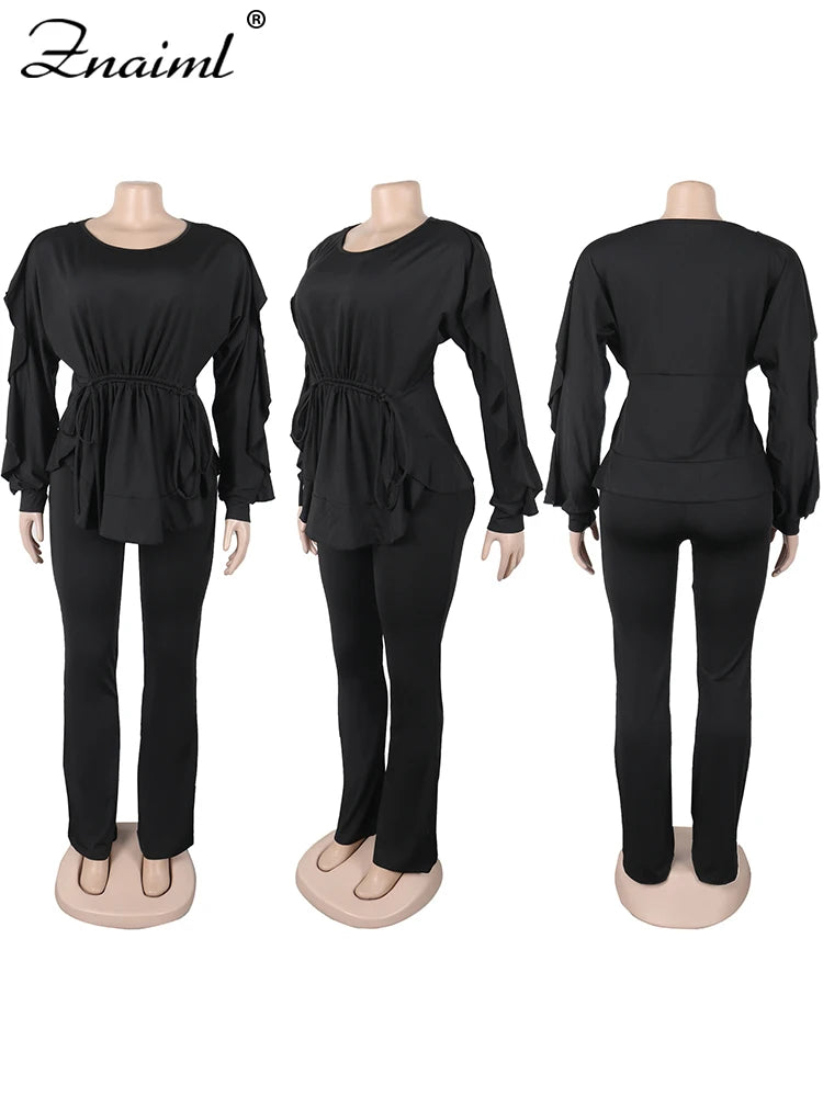 Znaaiml Elegant Blue 2 Piece Pants Sets Women Lantern Sleeve Drawstring Ruched Ruffles Top and Trousers Casual Street OL Outfits