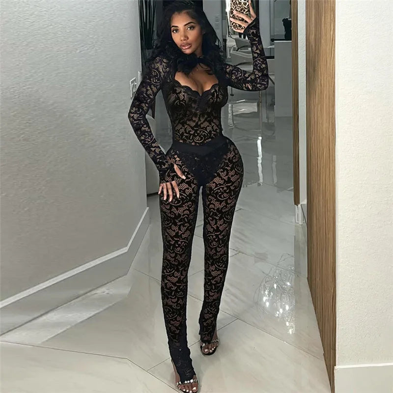 Lace See Through 2 Piece Set Women 2024 Autumn Sexy Hollow Jacquard Backless Bodysuit Leggings Party Clubwear Skinny Outfits