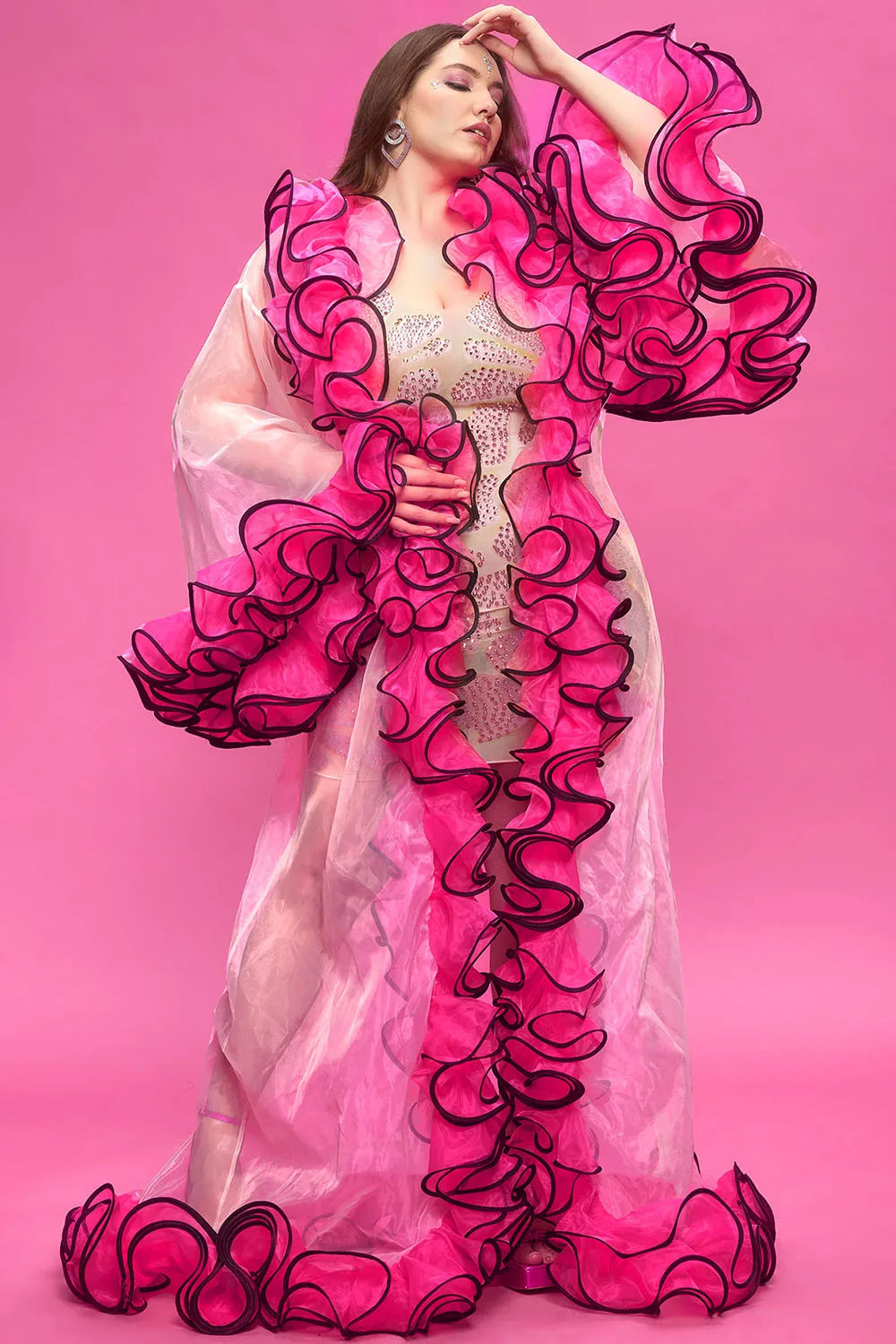 Plus Size Party Pink Autumn Winter Flare Long Sleeve Flounce Organza Cardigans