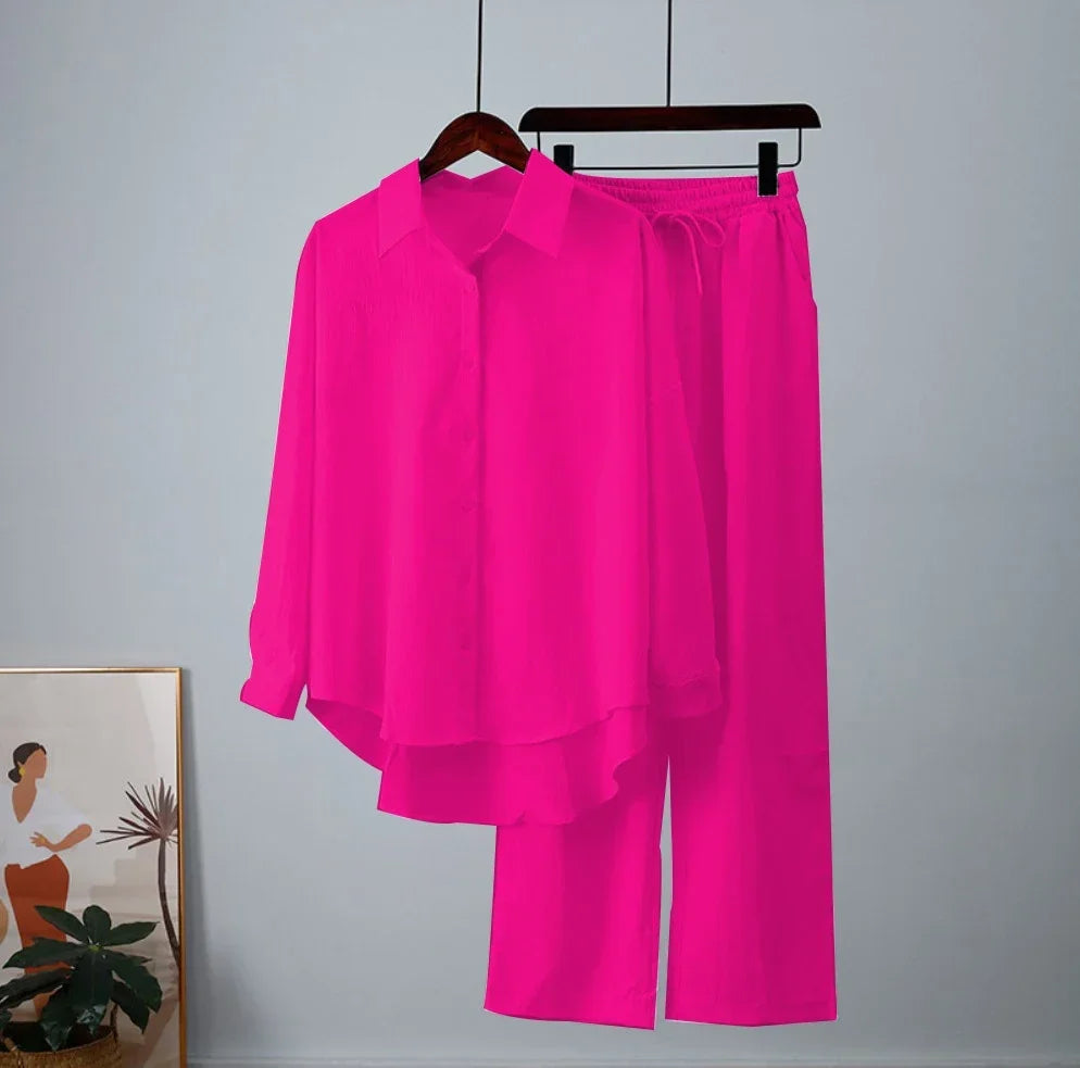 Holiday Wide Leg Pants Set Two Piece Set Women Vintage Boho Maxi Shirt Autumn Casual Loose Work Streetwear Y2k 2025 Outfits