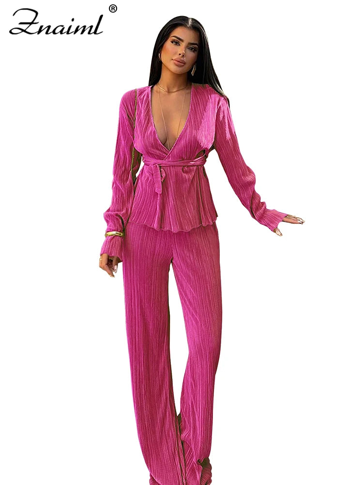 Znaiml Elegant Pleated Two 2 Piece Sets Women Full Sleeve V-neck Belt Tops and Wide Leg Pants Office Lady Outfits Vacation Suits