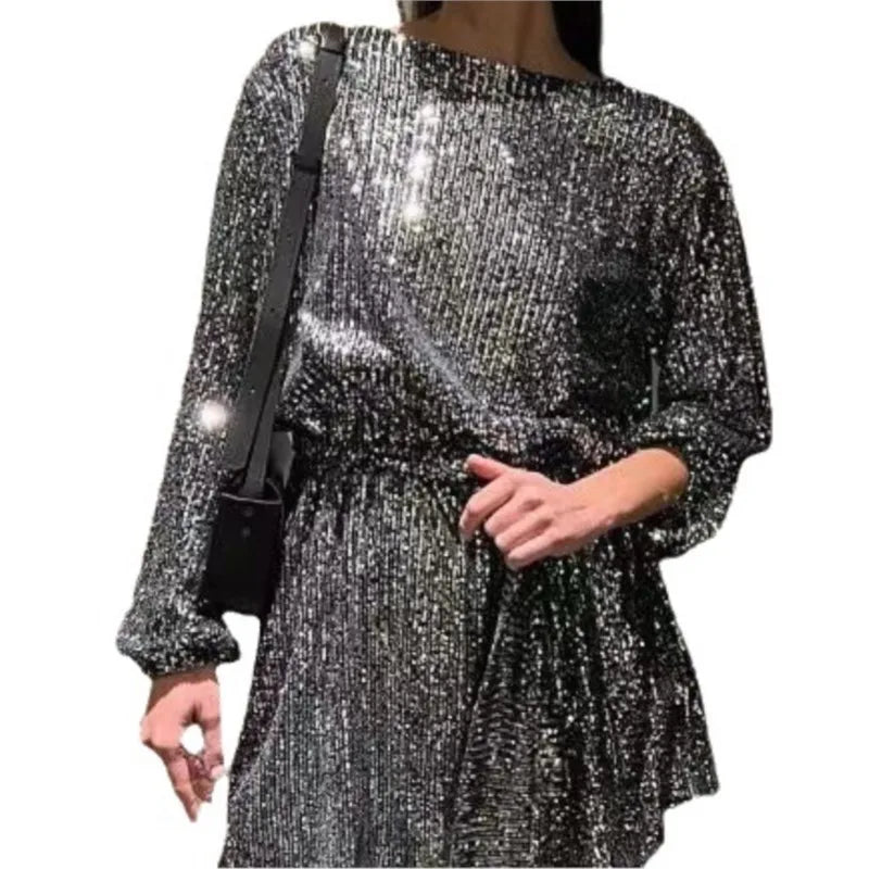 Sparkly Puff Long Sleeve Party Dress with Belt for Women Glitter Beaded Mini Dress Loose Wedding Bridesmaid Ladies Short Dresses