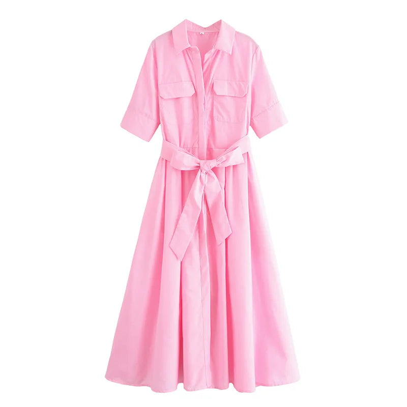 Lapel Casual Pockets Short Sleeve Shirt Dress for Women