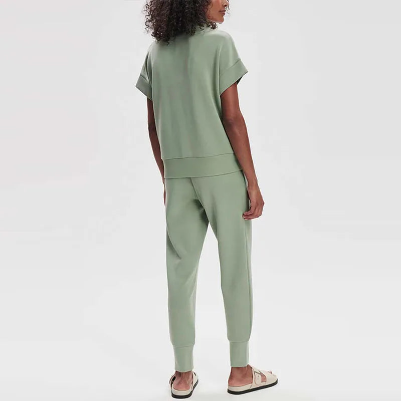 Casual Suit Fashion Zipper Loose Commuting Outfit Elegant Solid High Waist Set Summer Lady Stand Collar Short Sleeve Top + Pants