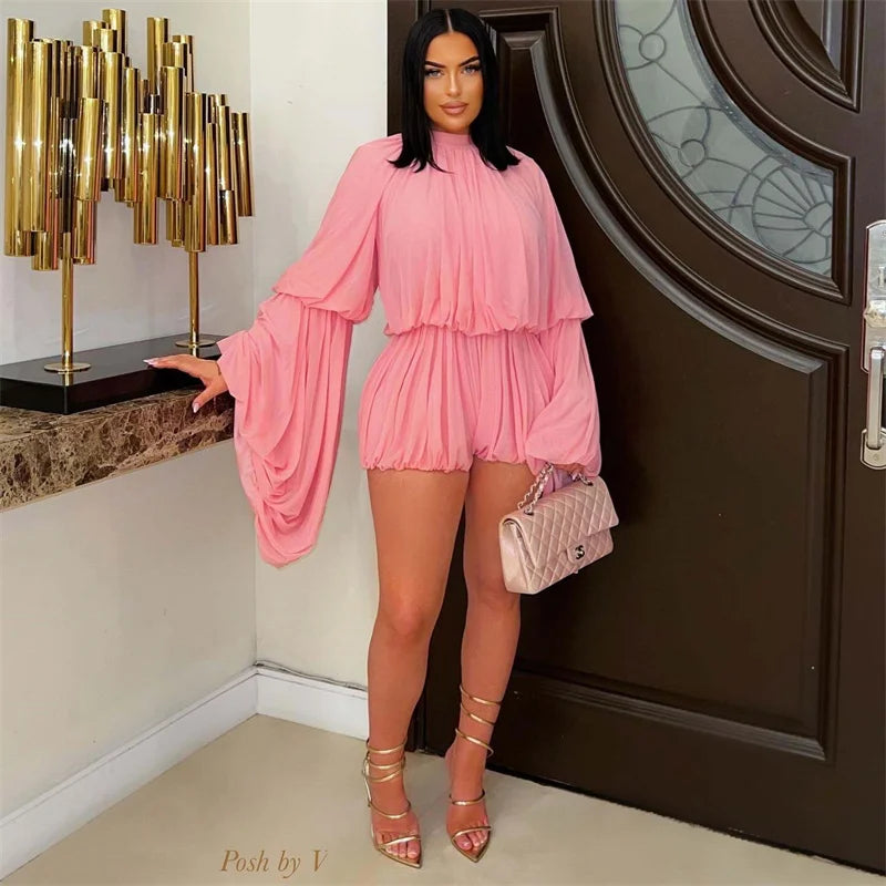 Doyerl Pleated Ruffles 2 Piece Set Woman Y2K Rave Clothing Festival Long Flare Sleeve Top and Short New in Matching Sets Outfits