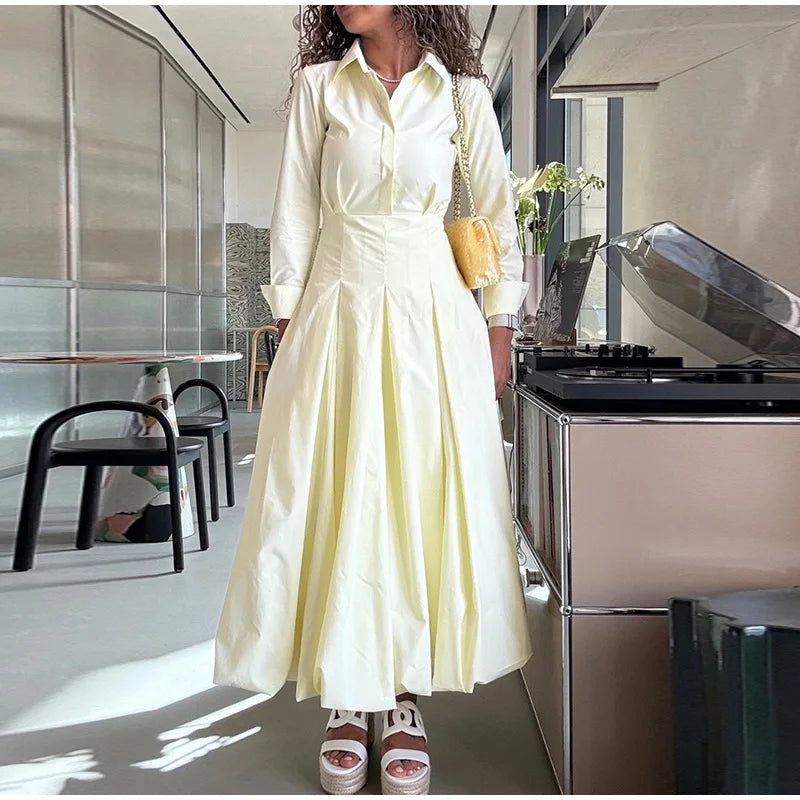 Solid Women's Casual Pleated Long Dress Fashion Lapel Full Sleeve Button Maxi Dress Lady 2025 Early Autumn Chic Street Robes