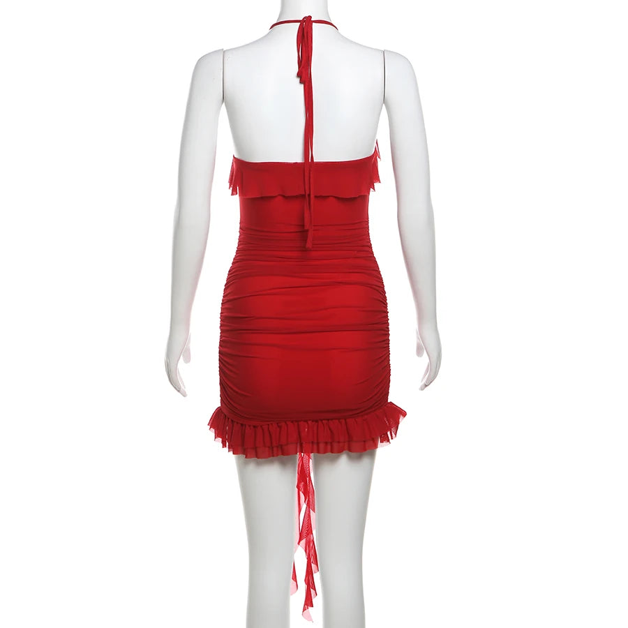 Sylcue Spring New Sweet Gentle Red Sexy Confident High Street Mature Beautiful Cool Women'S Short Ruffled Halter Dress