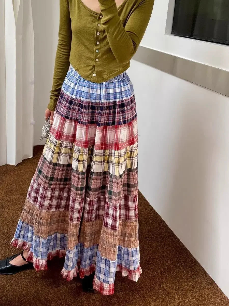 High Waist Plaid Patchwork A- Line Midi Skirt Women's Spring 2025 New Design Retro Unique Long Umbrella Skirt Polyester Fiber