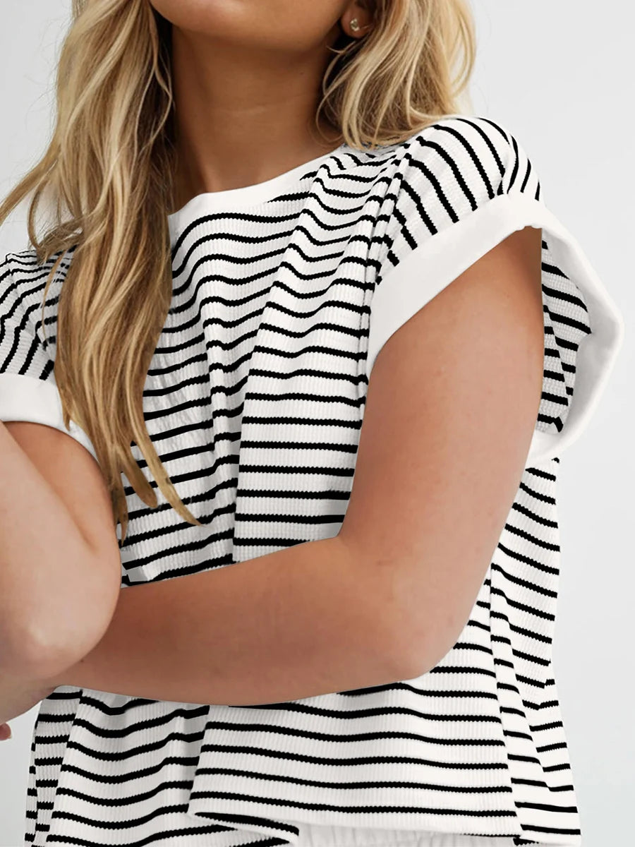 Women’s Casual 2 Piece Outfits Summer Short Sleeve Stripes Print Tops + Elastic Waist Shorts Set Loungewear for Sports Work Out