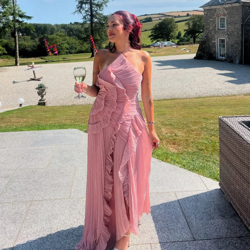 Chic Pleated Halter Neck Long Vacation Dress High Quality Purple Strapless Lotus Edge Maxi Dress 2025 New Lady Vacation Gown