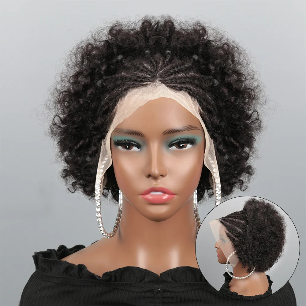 Afro Puff 13x4 Lace Frontal Human Hair With Pre Made Cornrow Braided Kinky Curly Wig With Baby HairHair Wig for Woman