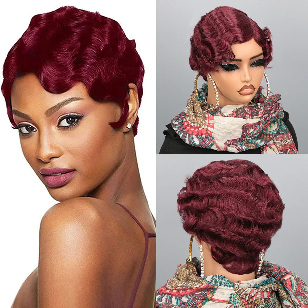 180% Density Glueless Brazilian Ocean Wave Human Hair Wig Burgundy 99J Colored Short Pixie Cut Loose Curly Finger Wave Style