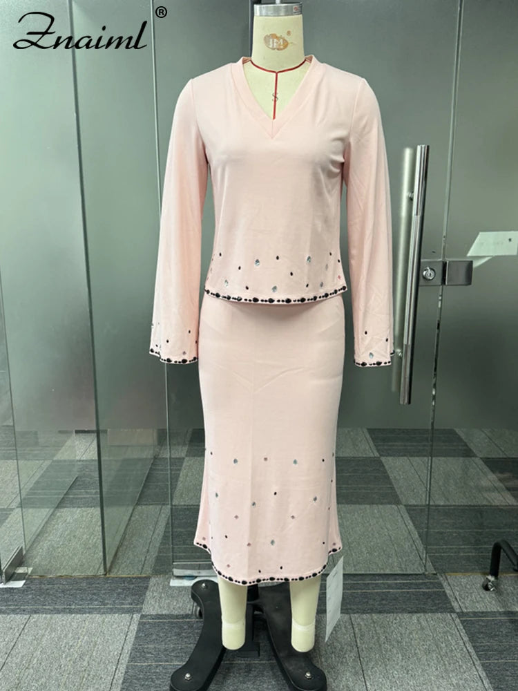 Znaiml Pink Diamonds Patchwork Two Piece Set for Women V-Neck Long Sleeve T-shirt Tops and Pencil Skirt Suit Casual Female New