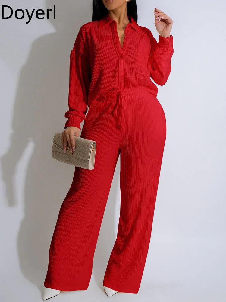 Doyerl Solid Casual Loungewear Sets Woman Two Piece Outfit Loose Fit Long Sleeve Shirt Top and Wide Leg Pants Matching Sets