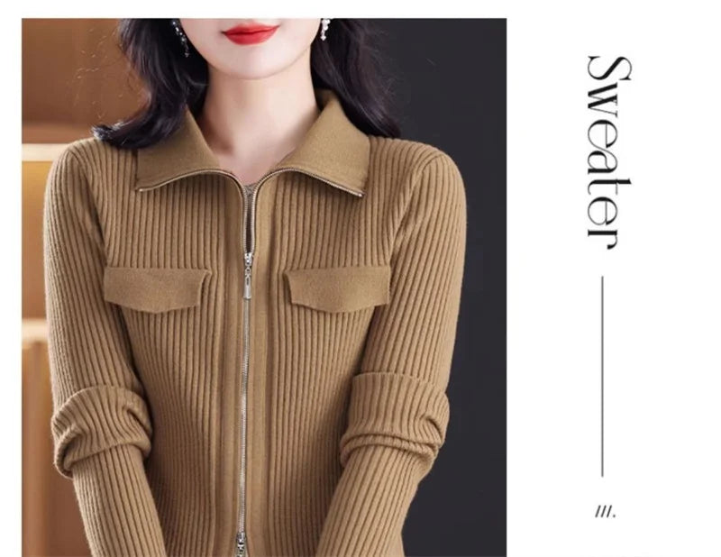 Fashion Zipper Short Knitted Cardigan Sweater 2025 Spring Autumn New Korean Versatile Coat Top Turn-Down Col Sweater Solid Color