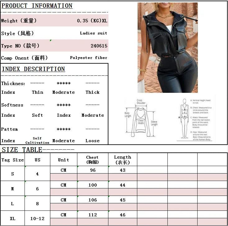 European and American fashion women's draw rope with hat three-dimensional pocket zipper PU leather vest for women
