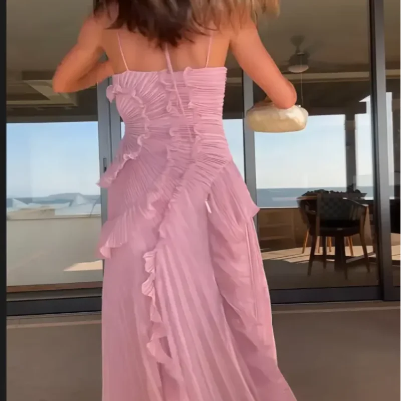 Chic Pleated Halter Neck Long Vacation Dress High Quality Purple Strapless Lotus Edge Maxi Dress 2025 New Lady Vacation Gown