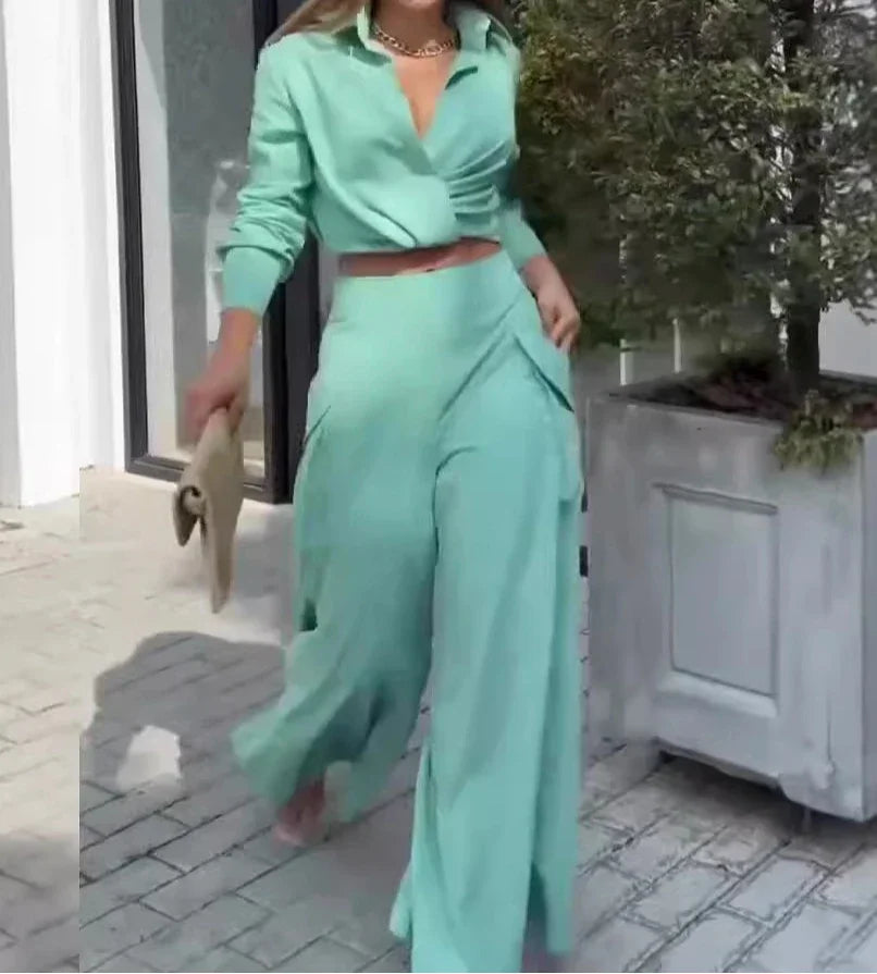 2 Piece Set Women Clothes Elegant Commute Long Sleeve Top & High Waist Wide Leg Pants Fashion Suit for Female 2025 Summer New