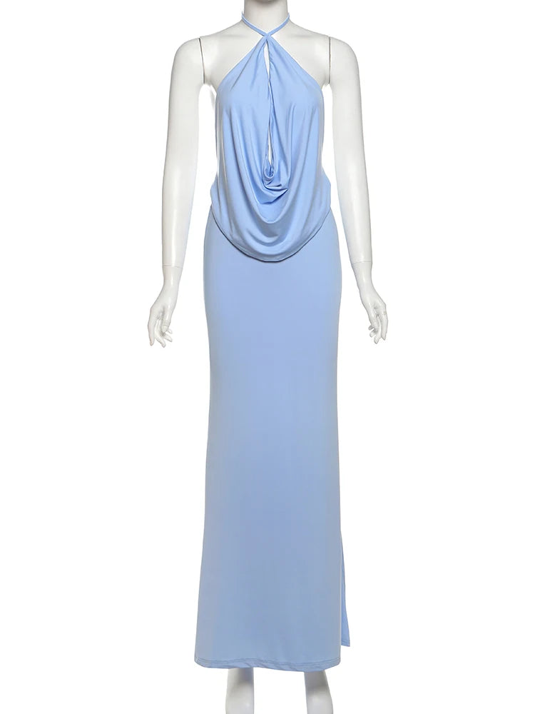 Weird Puss Sexy Backless Maxi Dress Women Halter Ruched Hollow Sleeveless Robe Vacation Fashion Beach Party Elegant Vestidos