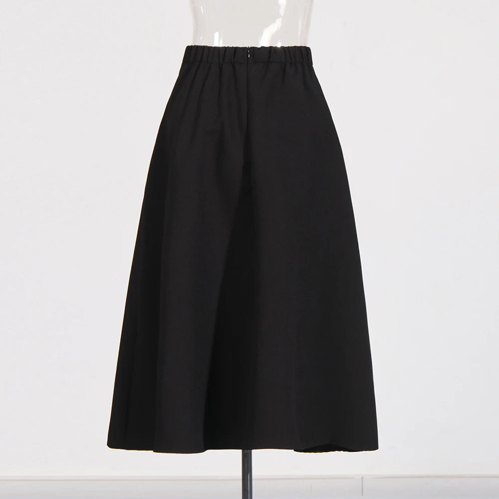 TWOTWINSTYLE Solid Two Piece Set For Women V Neck Long Sleeve Spliced Appliques Top High Waist Loose Skirt Elegant Sets Female