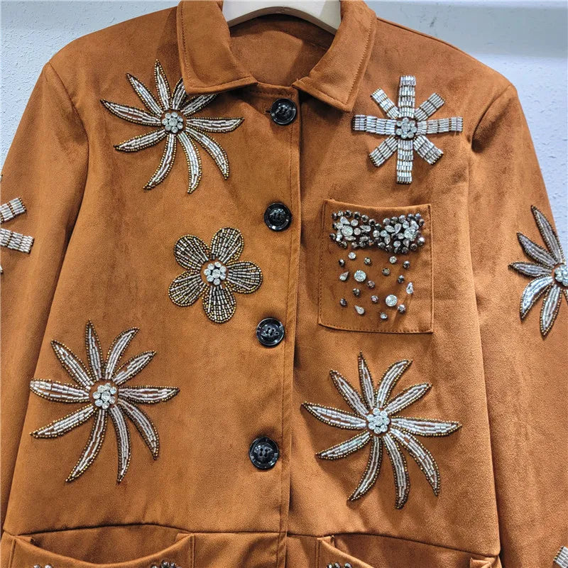 YEAE beaded diamond flower jacket niche lapel single-breasted casual loose long-sleeved jacket
