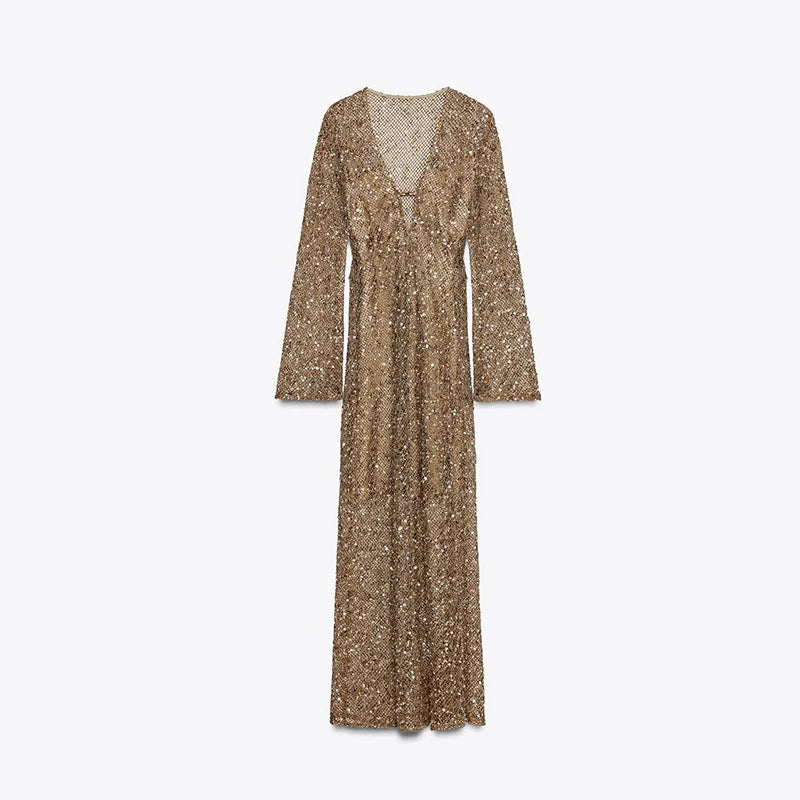 Sequin Maixi Dress Woman Deep V-neck Sparkling Lace Up Trumpet Sleeves Slim Long Dresses Sexy Perspective Party Women's Robe