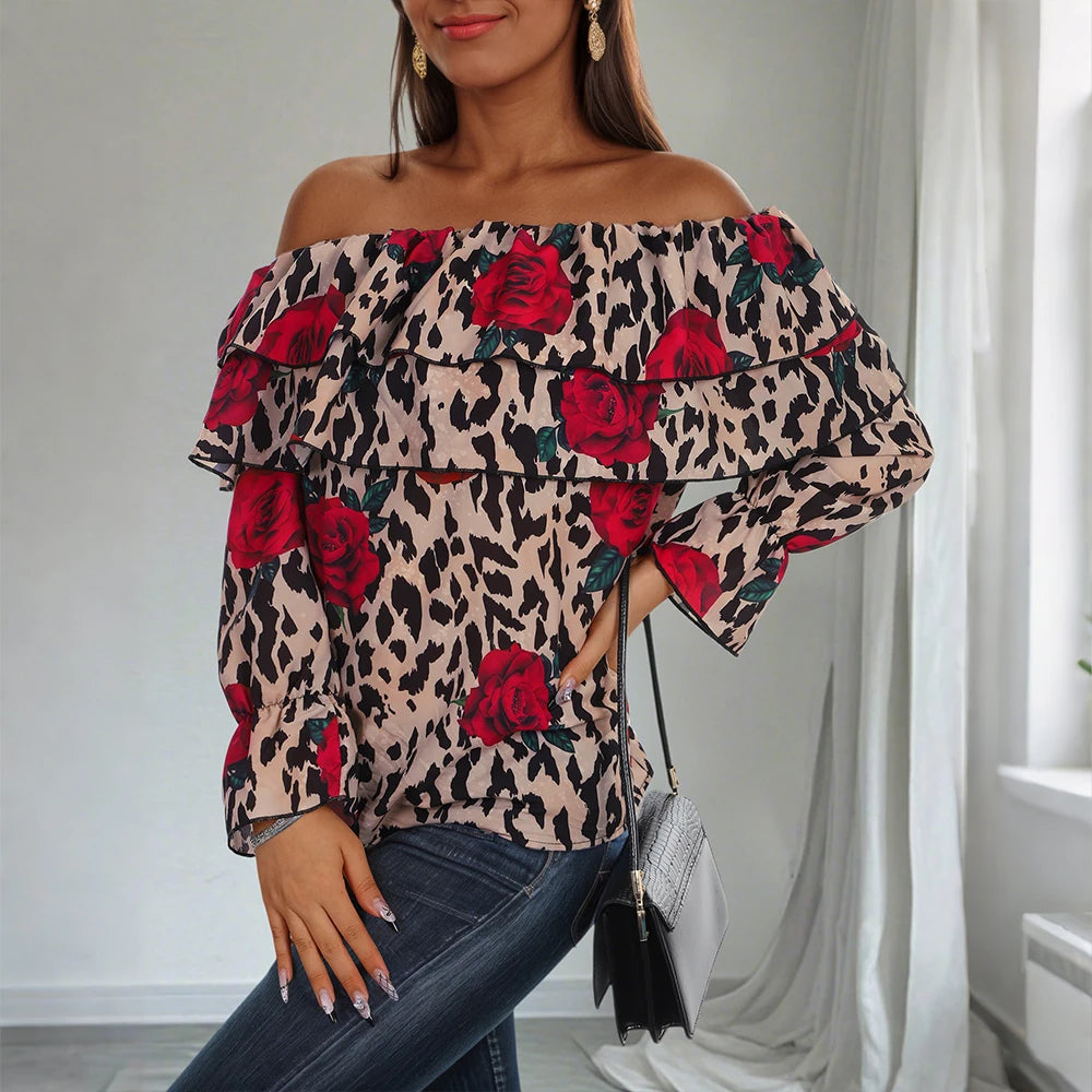 Women's Sexy Leopard Floral Printed Slash Neck Chiffon Blouse Autumn Spring Ladies Ruffle Casual Holiday Tops Size S-2XL