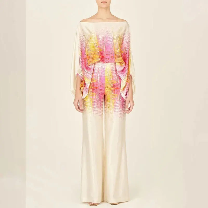 CM.YAYA Women Set Full Batwing Sleeve Slash Neck print Top + Wide Leg Pants Summer Street Two 2 Piece Sets Sexy Outfit Tracksuit