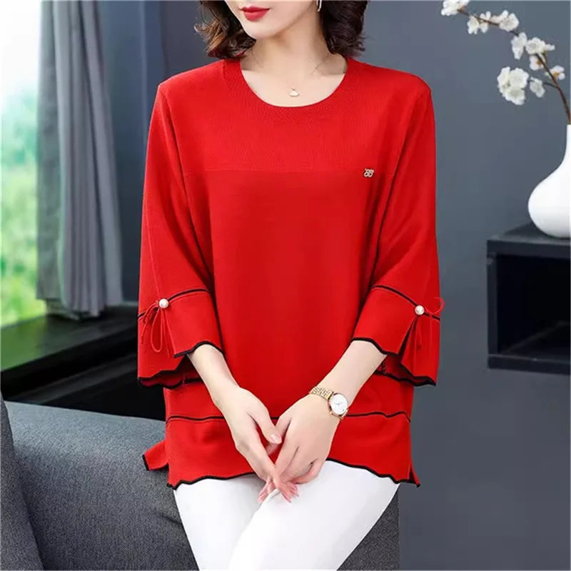 6XL Mom Large Summer New Ice Silk Shirt 3/4 Sleeves Round necked T-shirt Knit Sweater Loose Top For Wearing Outwear Top Black