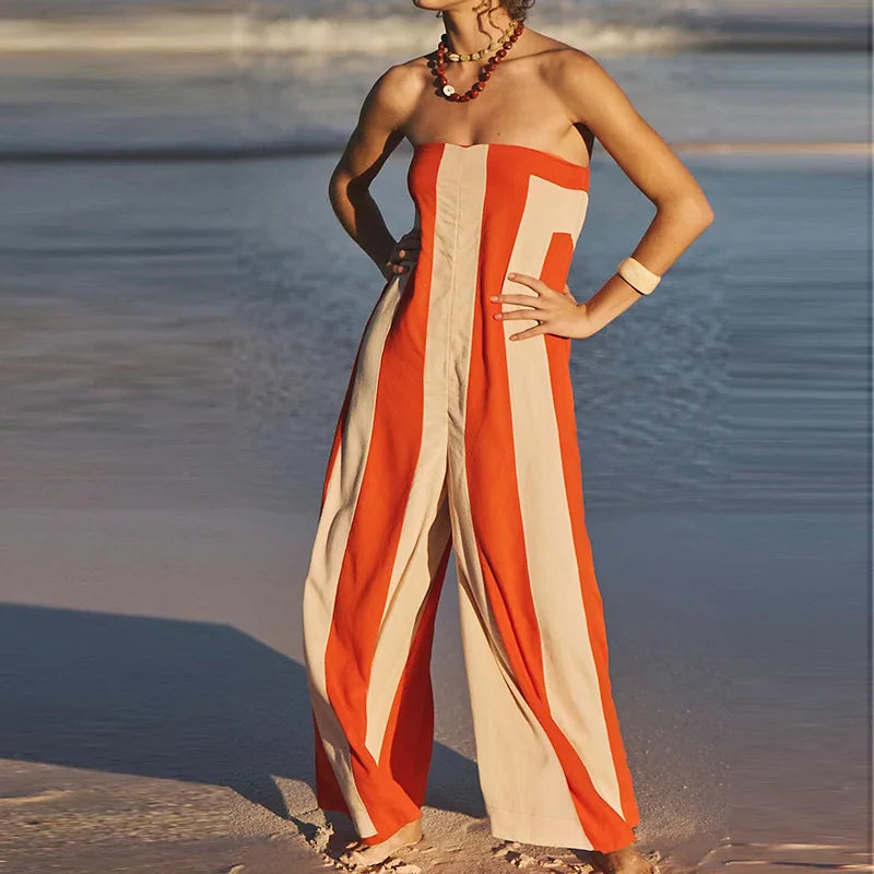 Summer Beach Hollowed Out Backless Long Pants Playsuit Bohemian Commuting Rompers Casual Striped Printed Off Shoulder Jumpsuit