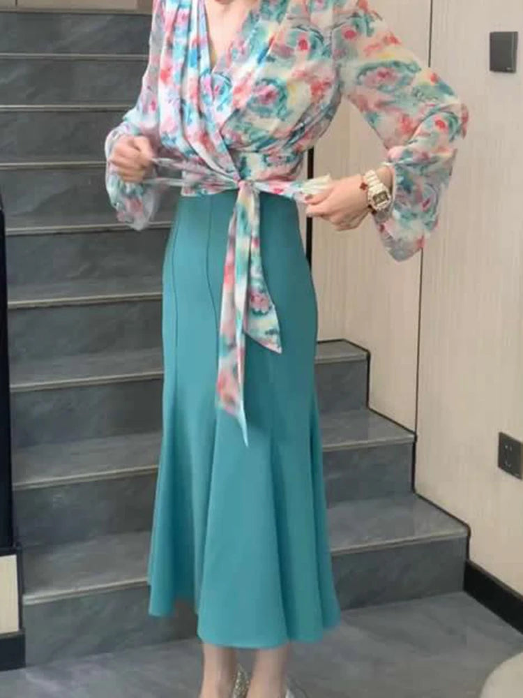 Two-piece dress women's summer 2024 new temperament casual fashion print sexy design cross tie floral shirt+fishtail skirt