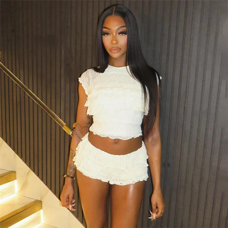 Two Piece Women Crop Top And Mini Skirt Matching Set 2024 New Summer Fashion Sexy White Lace Ruffle Ruched Skirts Outfits