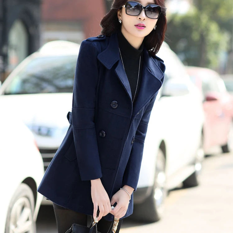 Autumn Winter Women Double Breasted Woolen Coat Solid Color Lapel Slim Fit Short Ladies Wool Jacket S-3XL