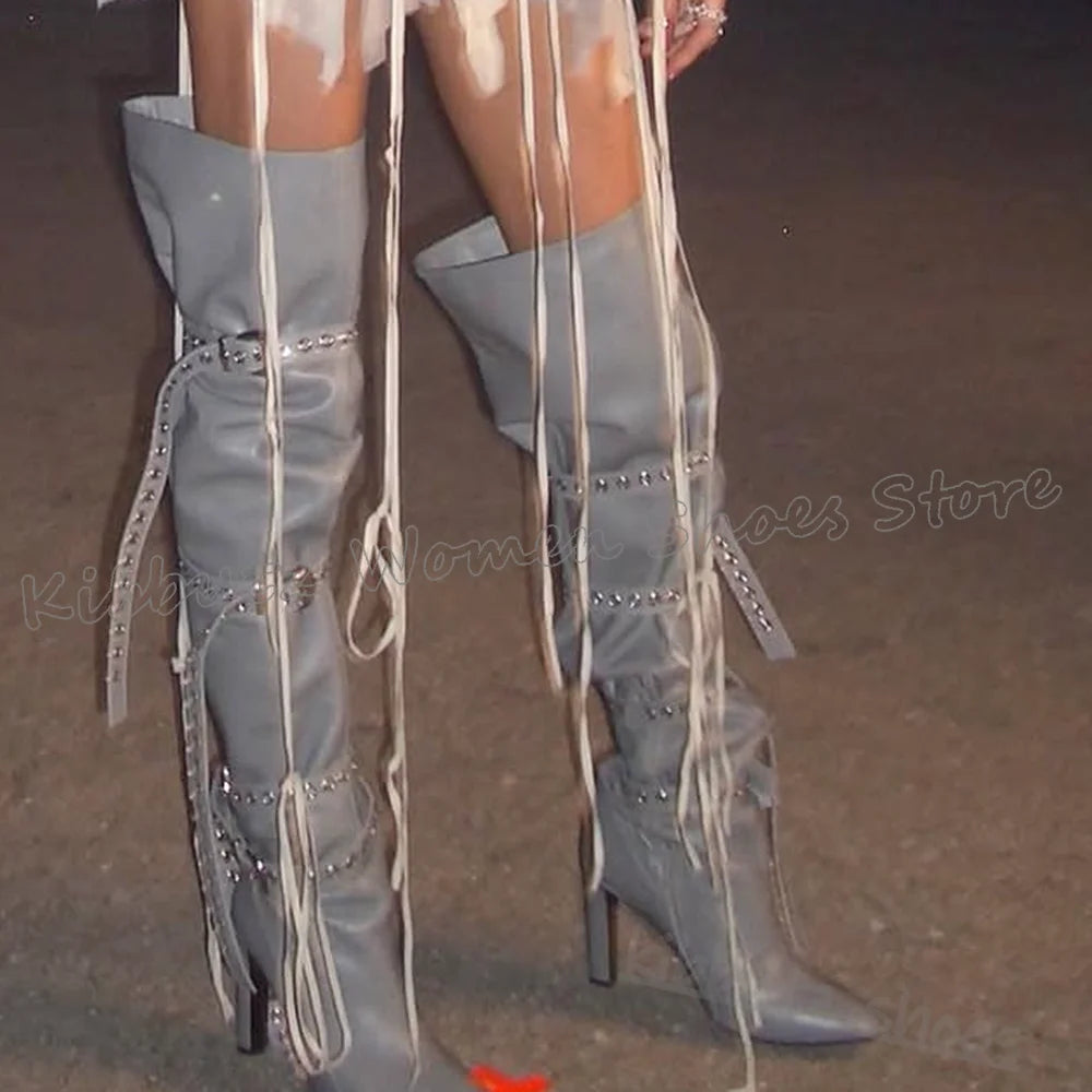 Above The Knee Boots Belt Buckle Pointed Toe Chunky Heels Solid Color Leather Fashion Luxury Elegant Concise Spicy Girls Shoes