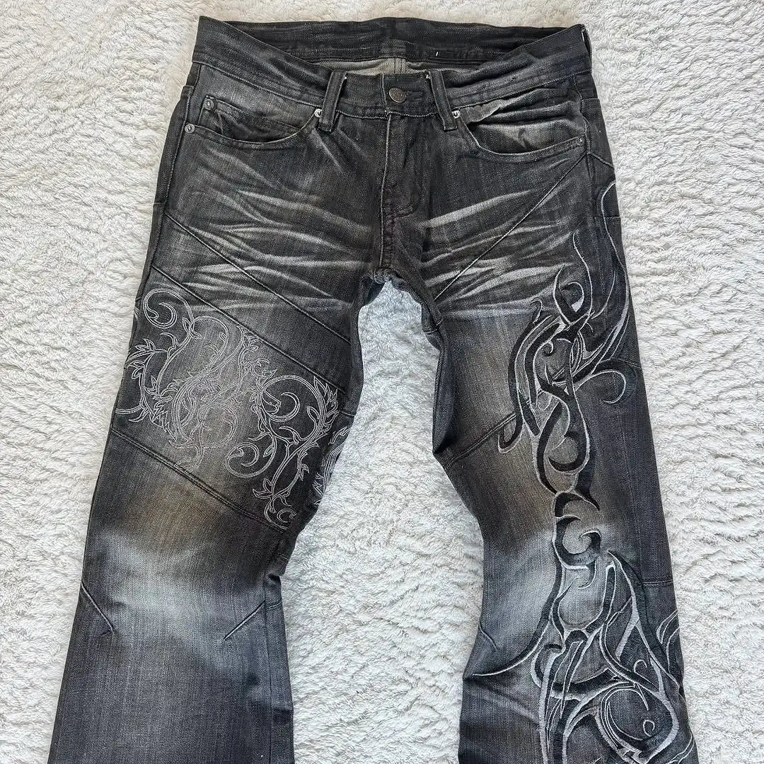 Trendy Three-dimensional Vision Vine Thorn Special Elements Printed Pattern Washing Jeans Women Street Casual Micro-flat Pants