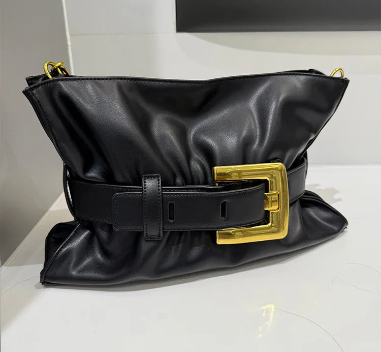 Women's Pleated Motorcycle Bag Trendy Belt Buckle Shoulder Bag Brand Design Fashion Large Capacity Texture Underarm Bag Tote Bag