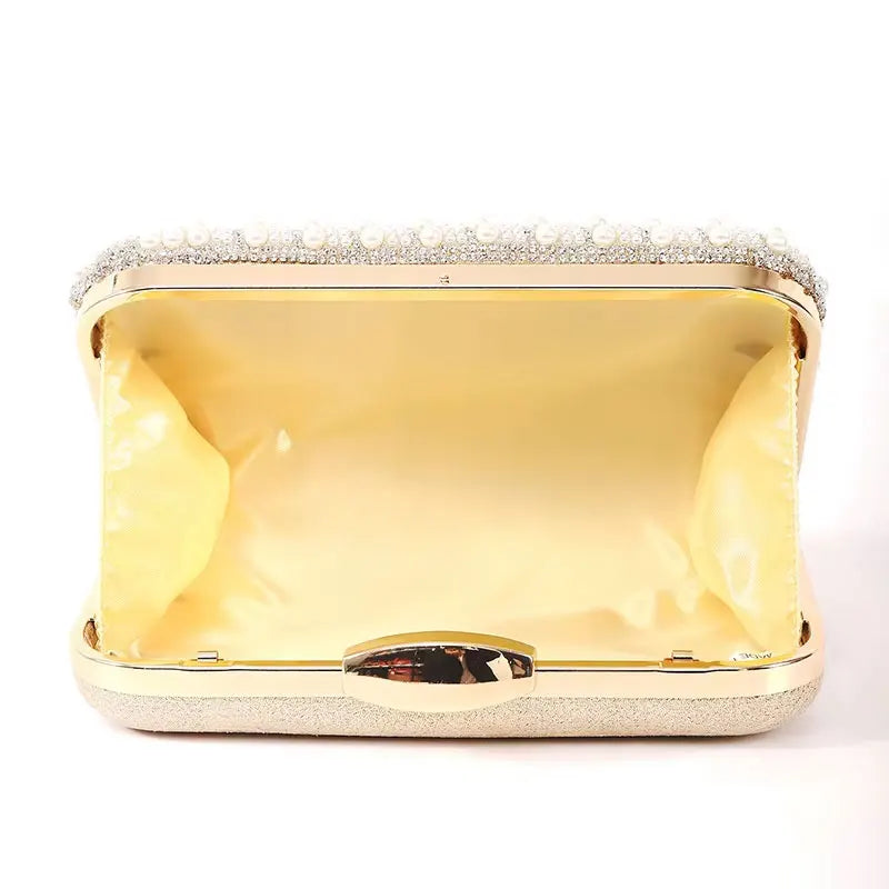Ladies Pearl Elegant Evening Bag Fashionable Stylish Beading Wedding Dinner Party Banquet Dress Clutch Bag with Long Chain